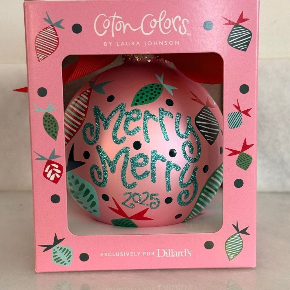 Coton Colors by Laura Johnson NWT Pink Merry Merry 2025 Glass Christmas Ornament